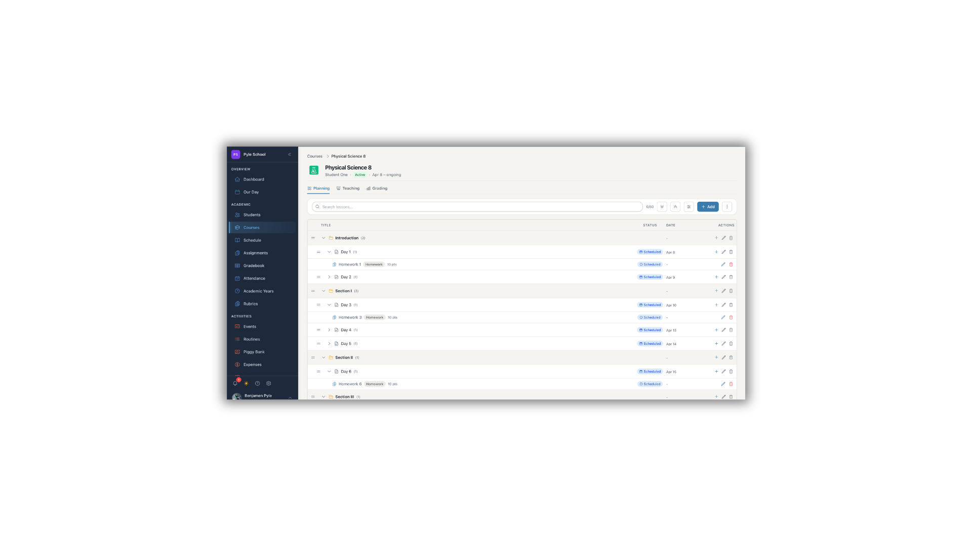 HomeschoolAce course planning view with drag-and-drop lesson organization