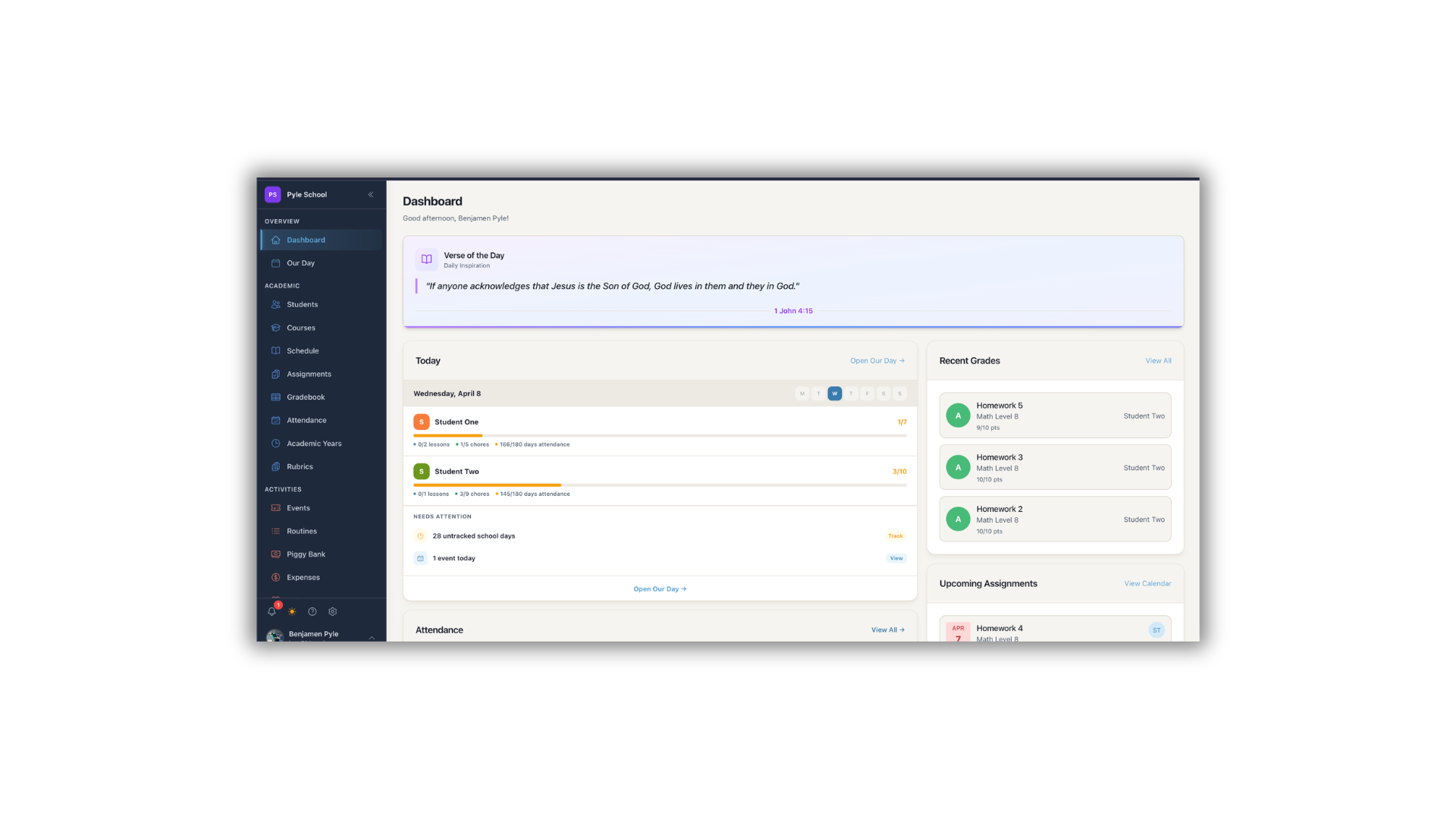 HomeschoolAce parent dashboard showing today's progress, recent grades, and upcoming assignments