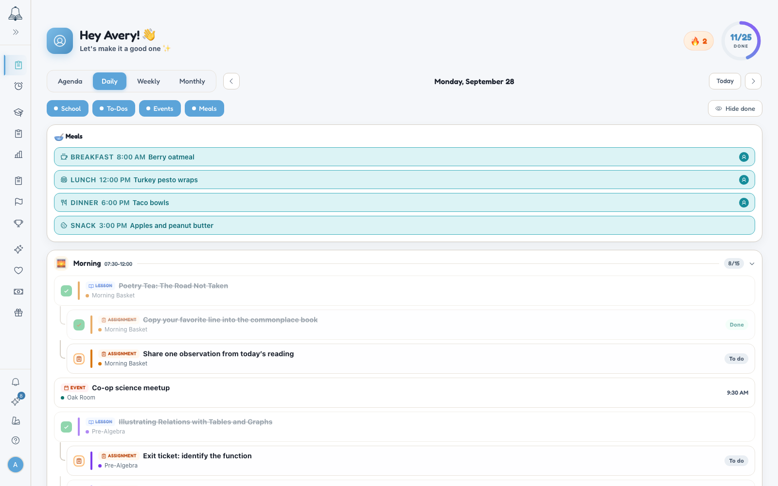 HomeschoolAce student portal showing Avery's daily work, meals, progress, assignment streak, events, and reward points