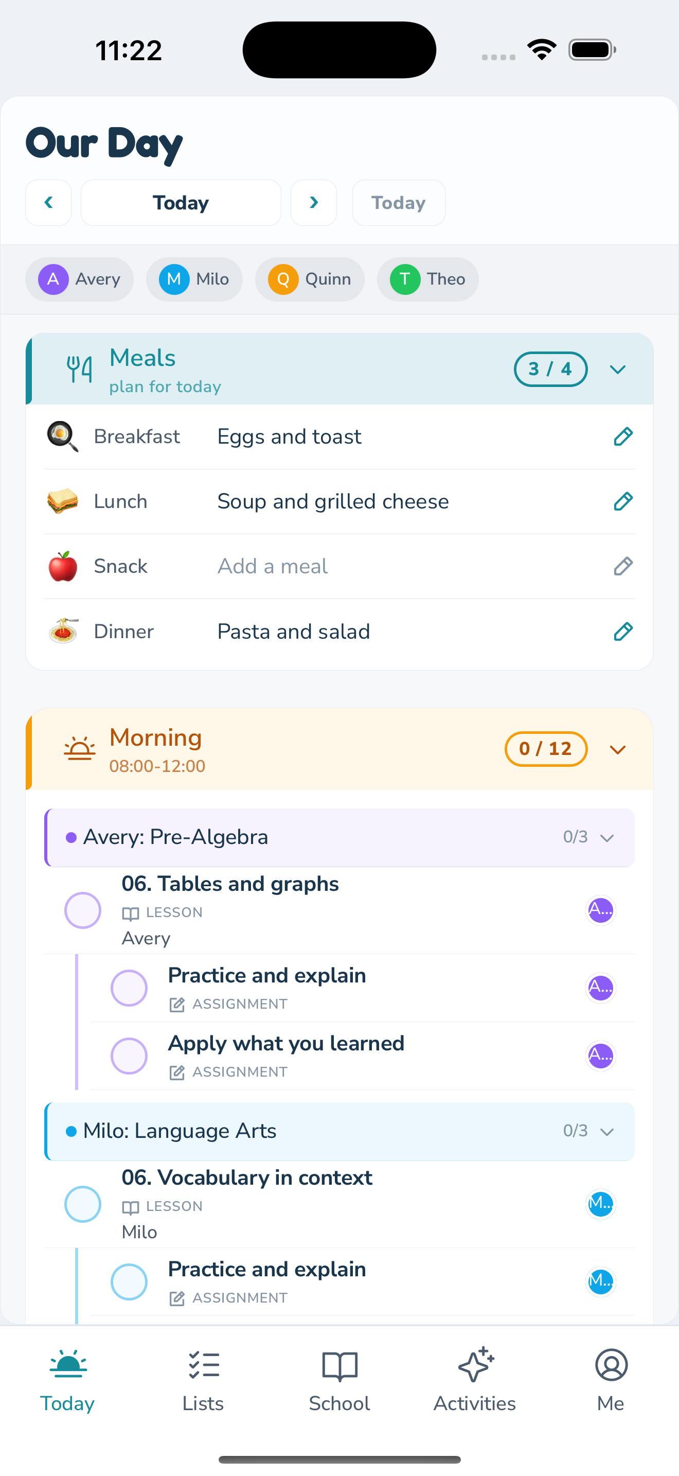 HomeschoolAce parent app showing Our Day with four students, meals, and each child's morning lessons