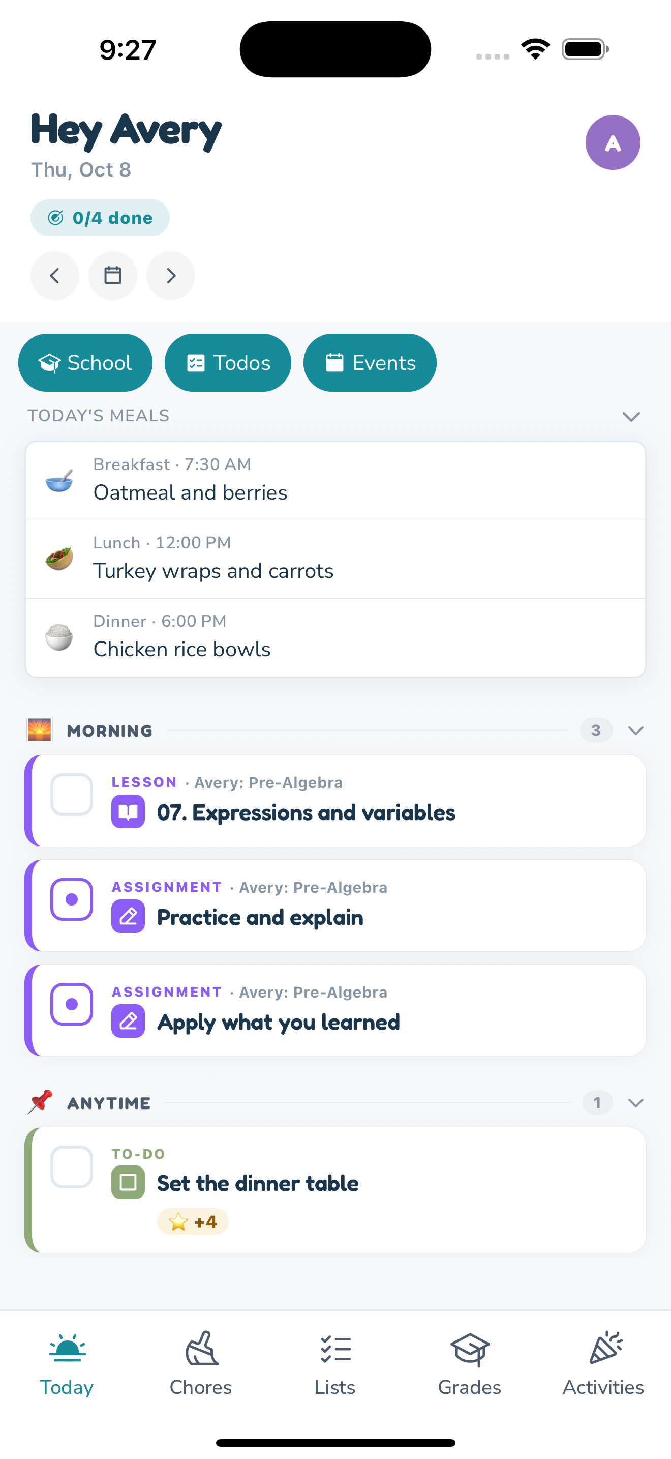 HomeschoolAce student app showing a student's day with meals, lessons, assignments, and reward points